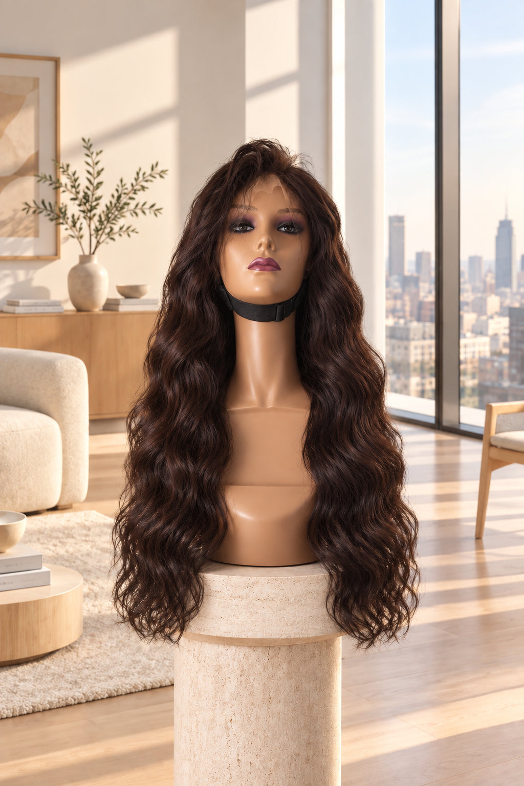 Long, dark brown to black wavy wig displayed on a mannequin head and stand against a light patterned wall.