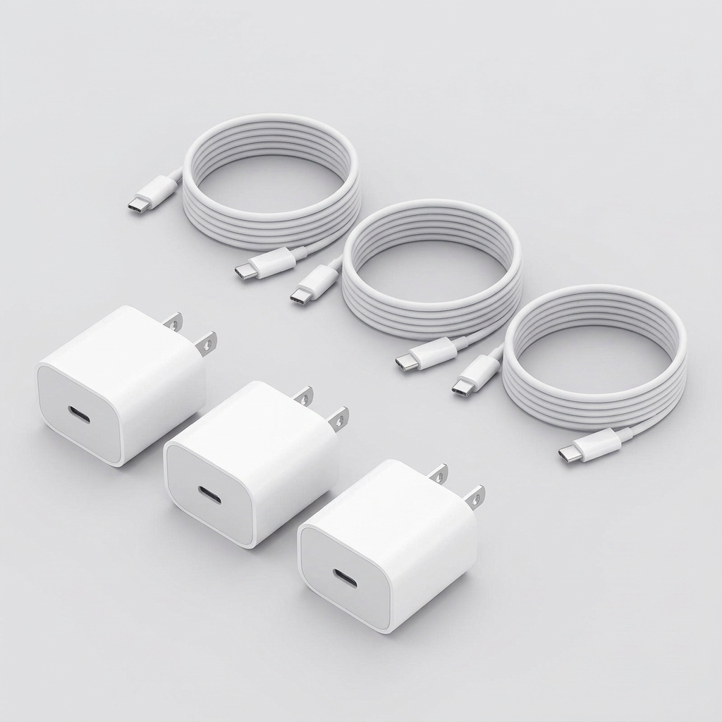 Three white iPhone charging blocks with two white charging cables above them, shown on a light gray background with a purple text label at the top.