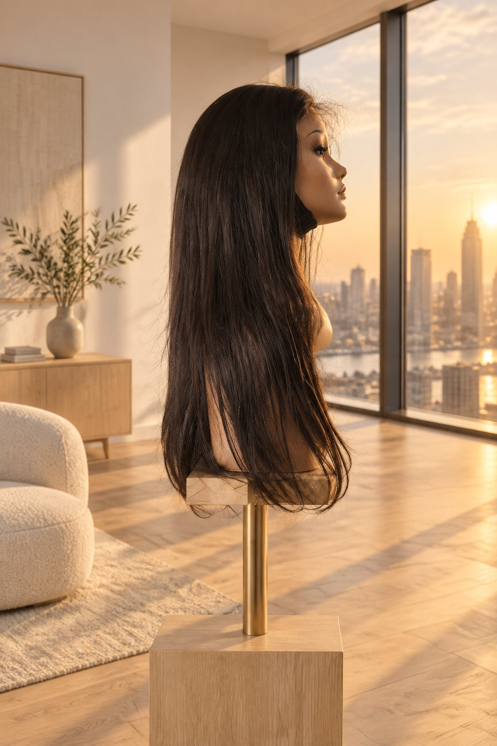 Long dark brown wavy wig displayed on a mannequin head stand against a white textured tiled wall.