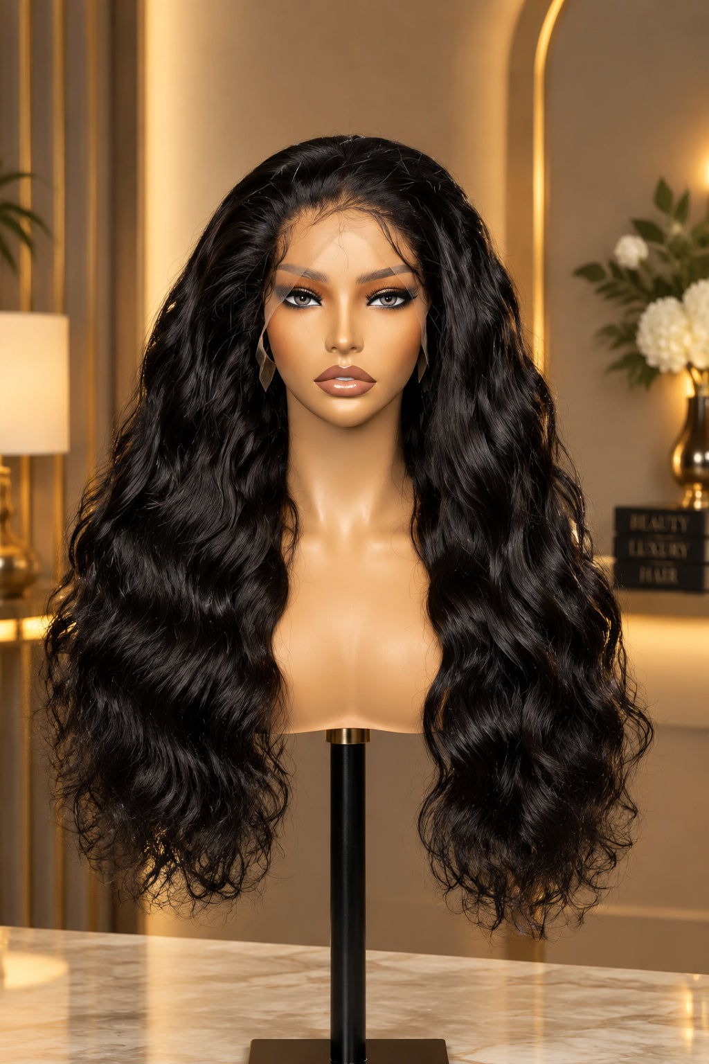 Long, dark wavy wig displayed on a mannequin head and stand against a plain gray studio background.