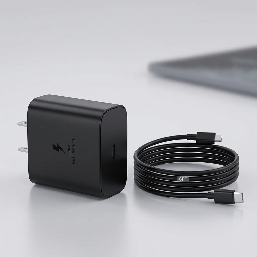 A black 6-foot USB-C to USB-C charging cable next to a matching black 20W fast charging wall charger with a US plug, on a white background.