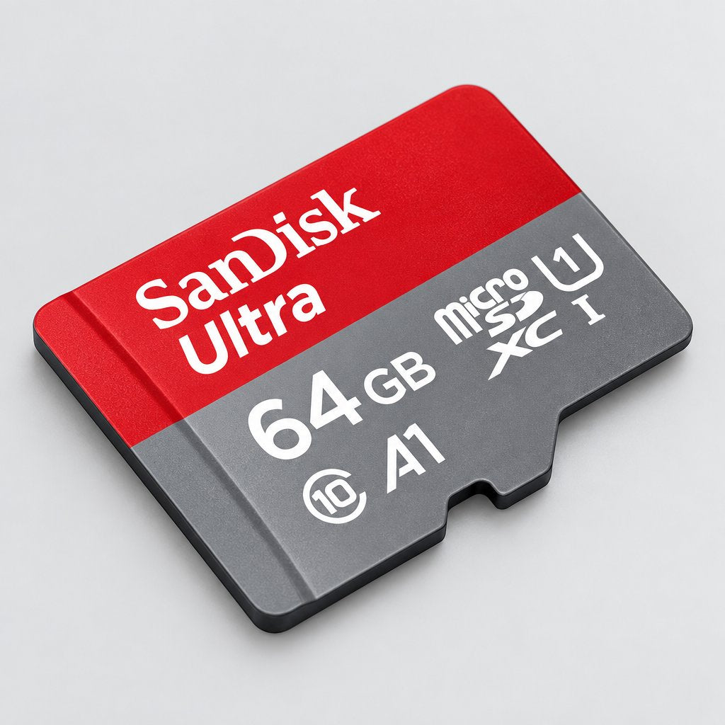 A SanDisk Ultra 64GB microSDXC A1 memory card with a red and gray design, shown on a plain white background.