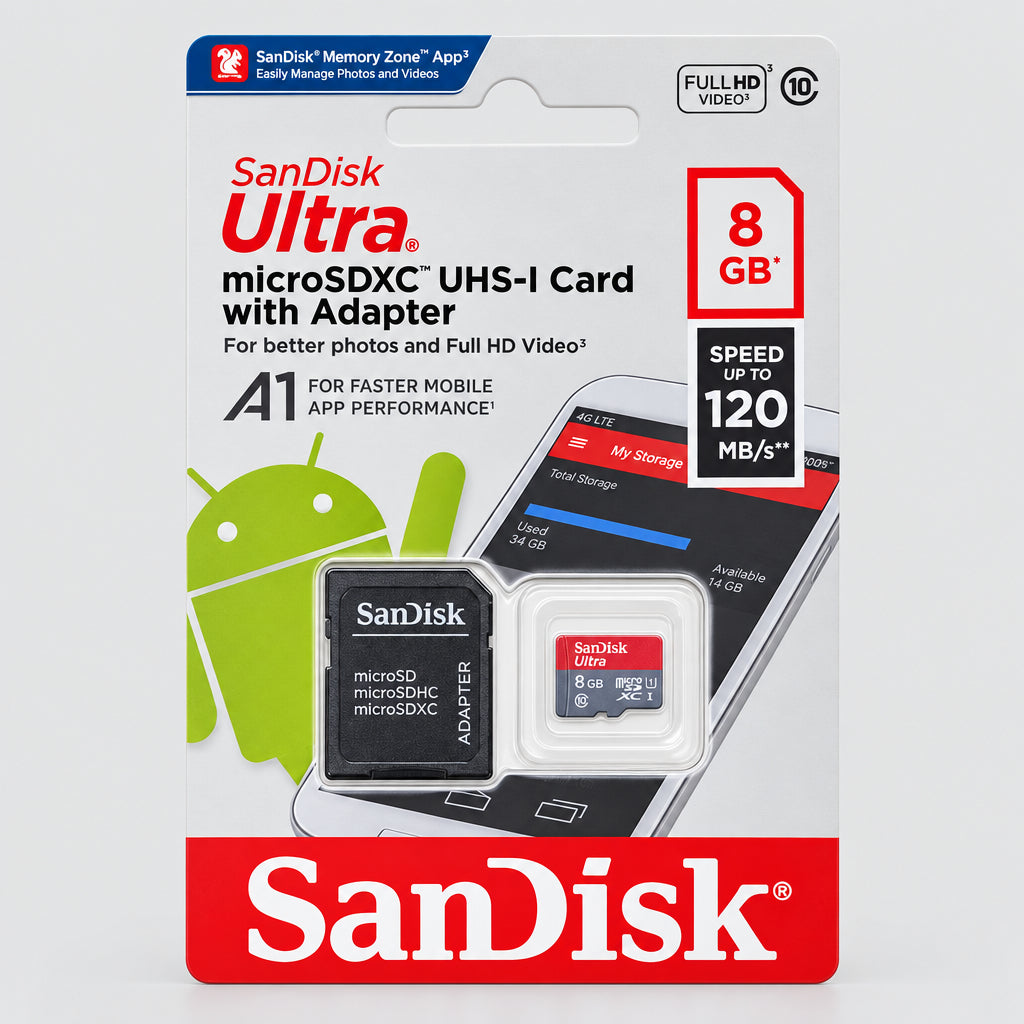SanDisk Ultra 8GB microSDXC UHS-I Card with Adapter retail packaging, showing the card and adapter inside blister packaging on a white background with SanDisk branding.