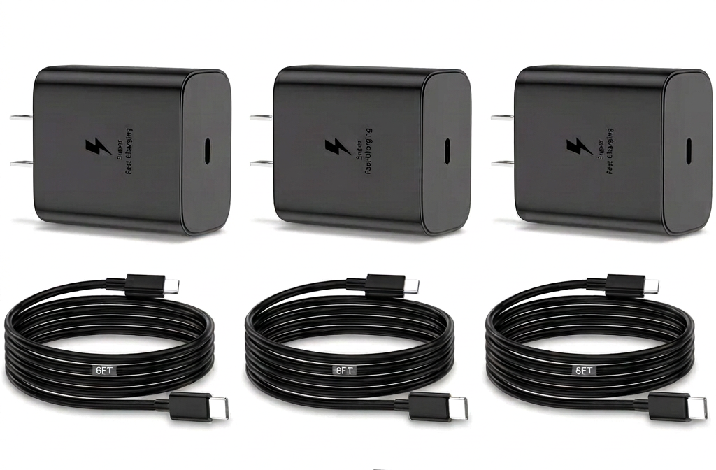 A black 6-foot USB-C to USB-C charging cable next to a matching black 20W fast charging wall charger with a US plug, on a white background.