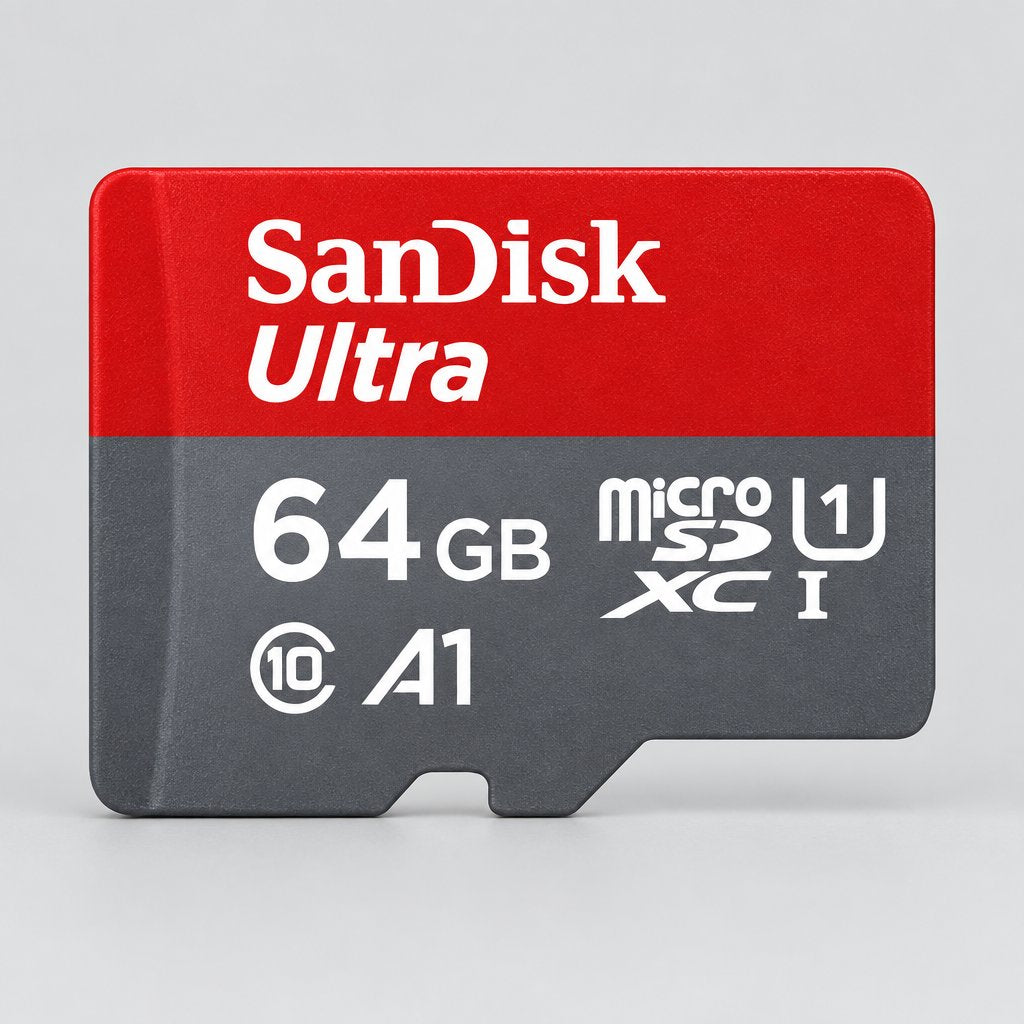 A SanDisk Ultra 64GB microSDXC U1 Class 10 A1 memory card with a red and gray design, shown on a plain white background.