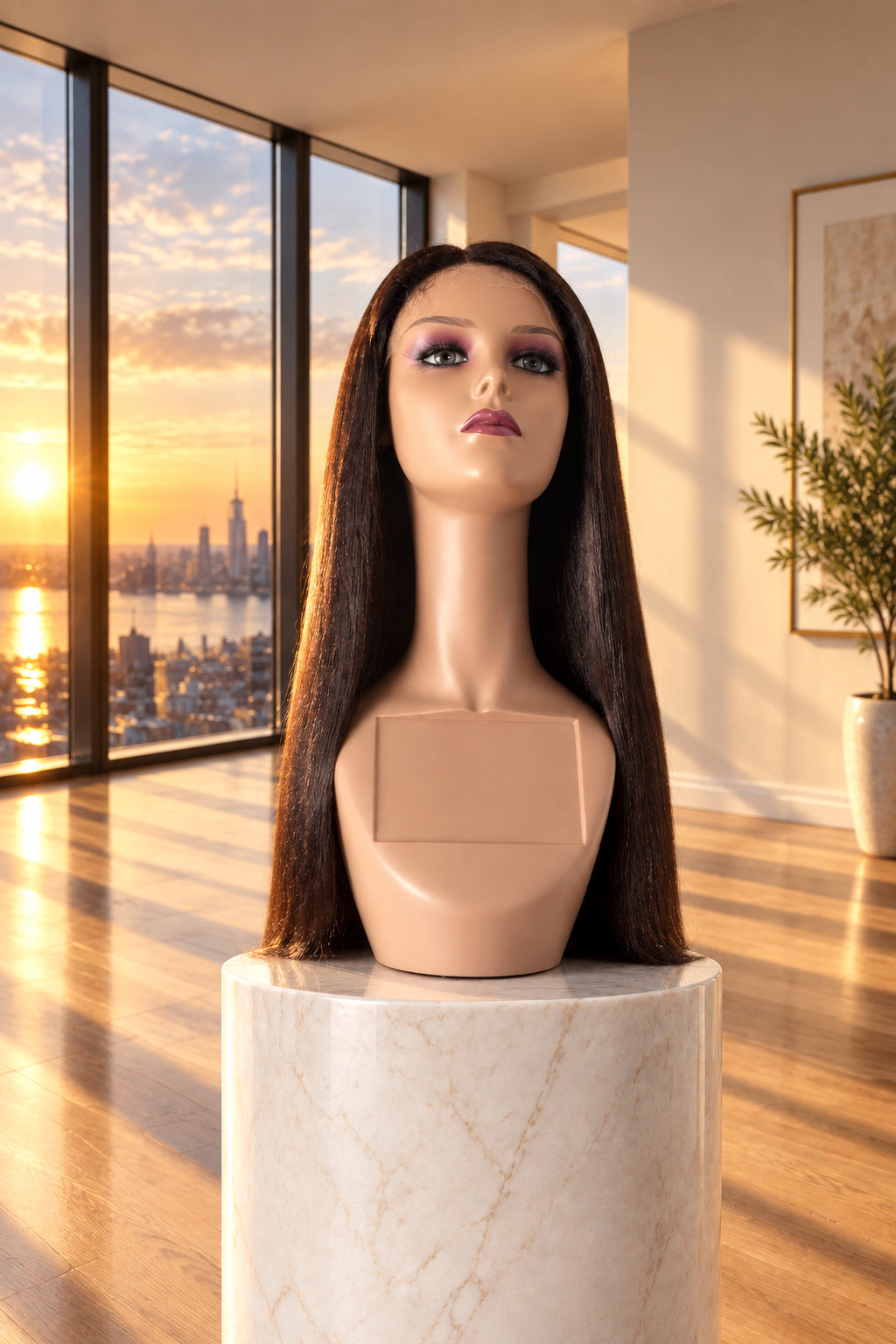 A long dark brown wig displayed on a mannequin head stand against a white textured wall.